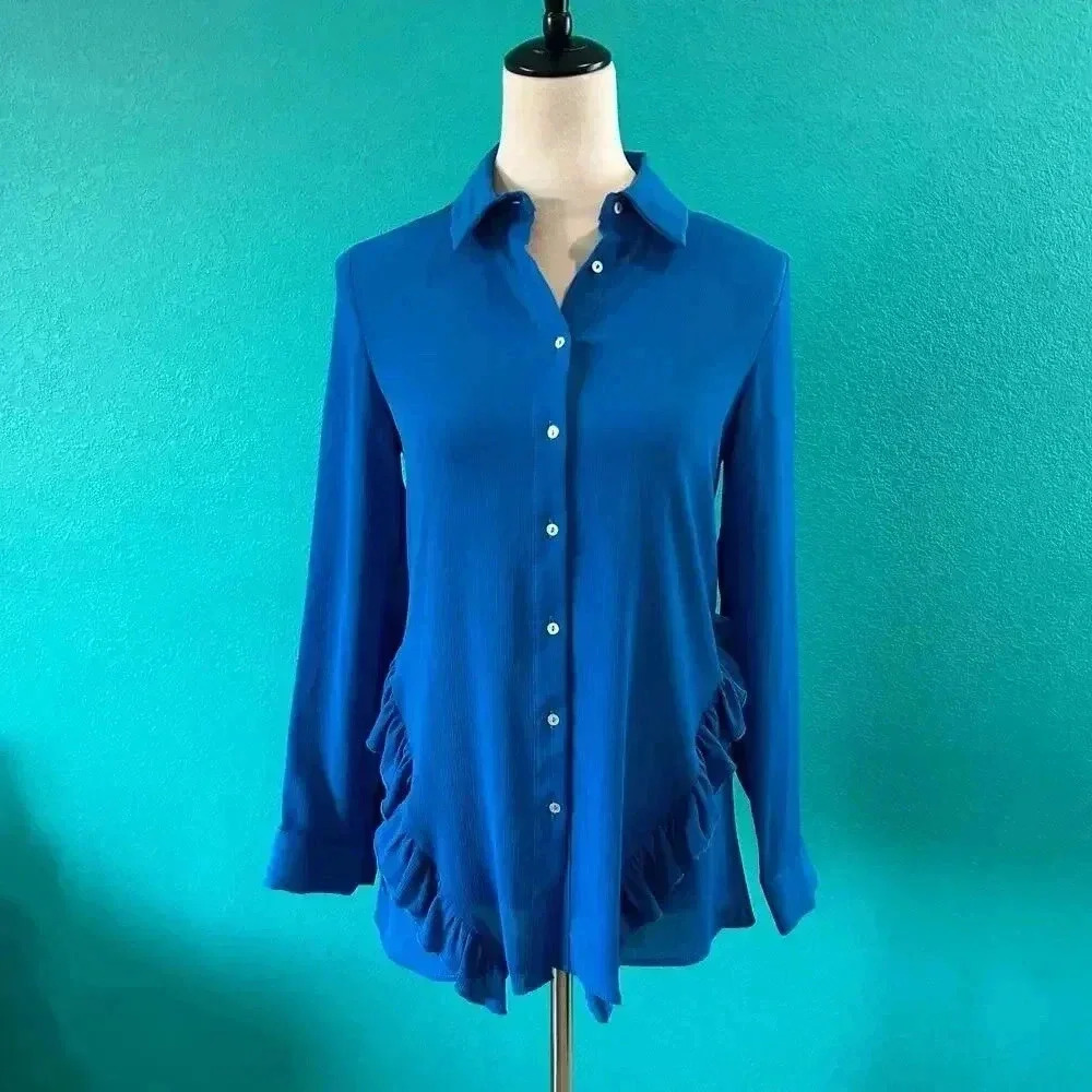 NWT Zara Basic Blue Mesh Ruffled Long Sleeve Button-Down Shirt Size XS - Picture 2 of 6